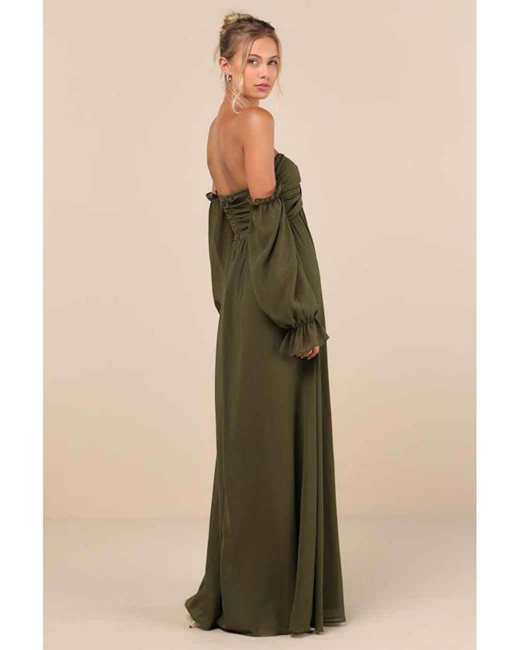 Lulus Green Glorious Invite Knotted Off-The-Shoulder Maxi Dress