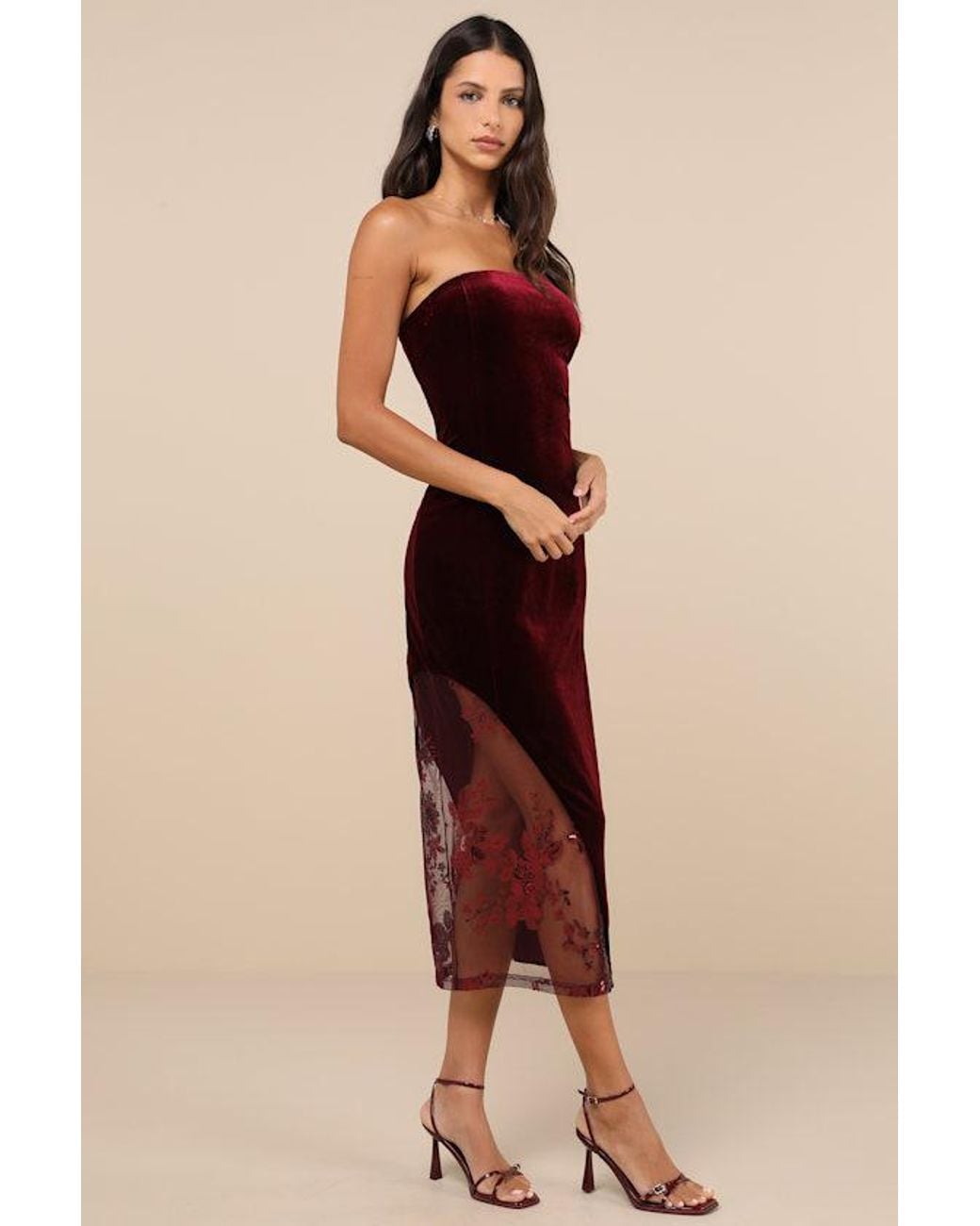 Lulus Natural Feeling So Luxe Velvet Mesh Sequin Strapless Midi Dress