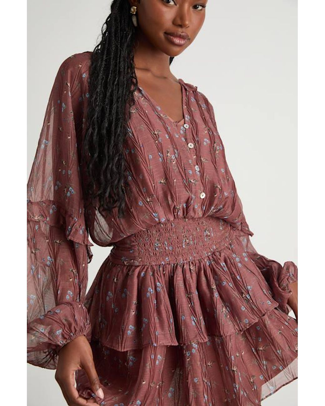 Lulus Red Christy Rust Floral Button-Front Long Sleeve Mini Dress