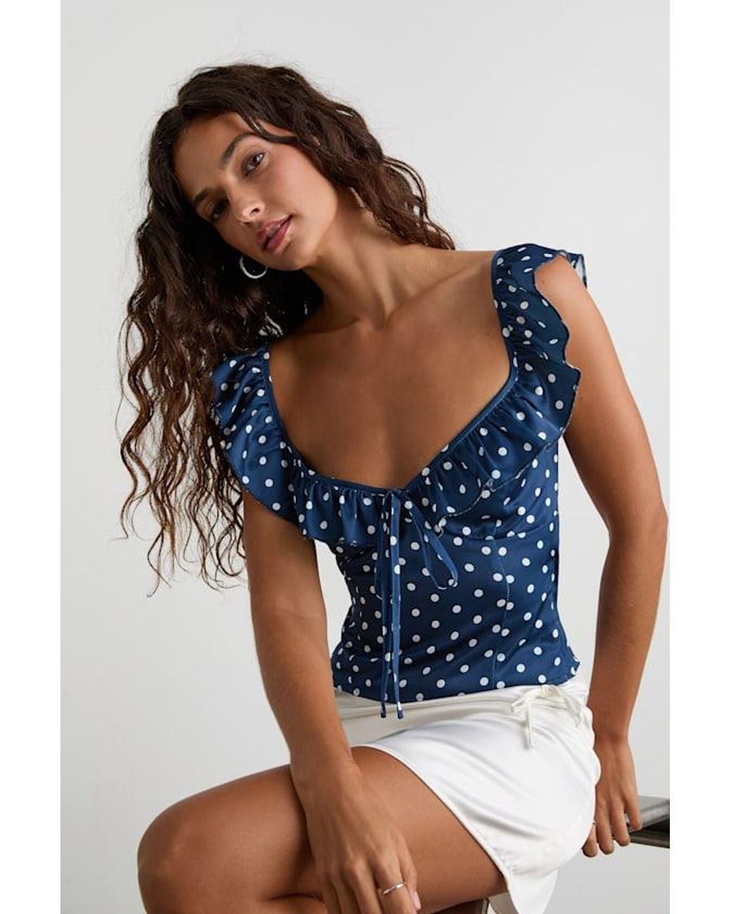 Lulus Blue Vivi Polka Dot Satin Ruffled Tie-Back Top