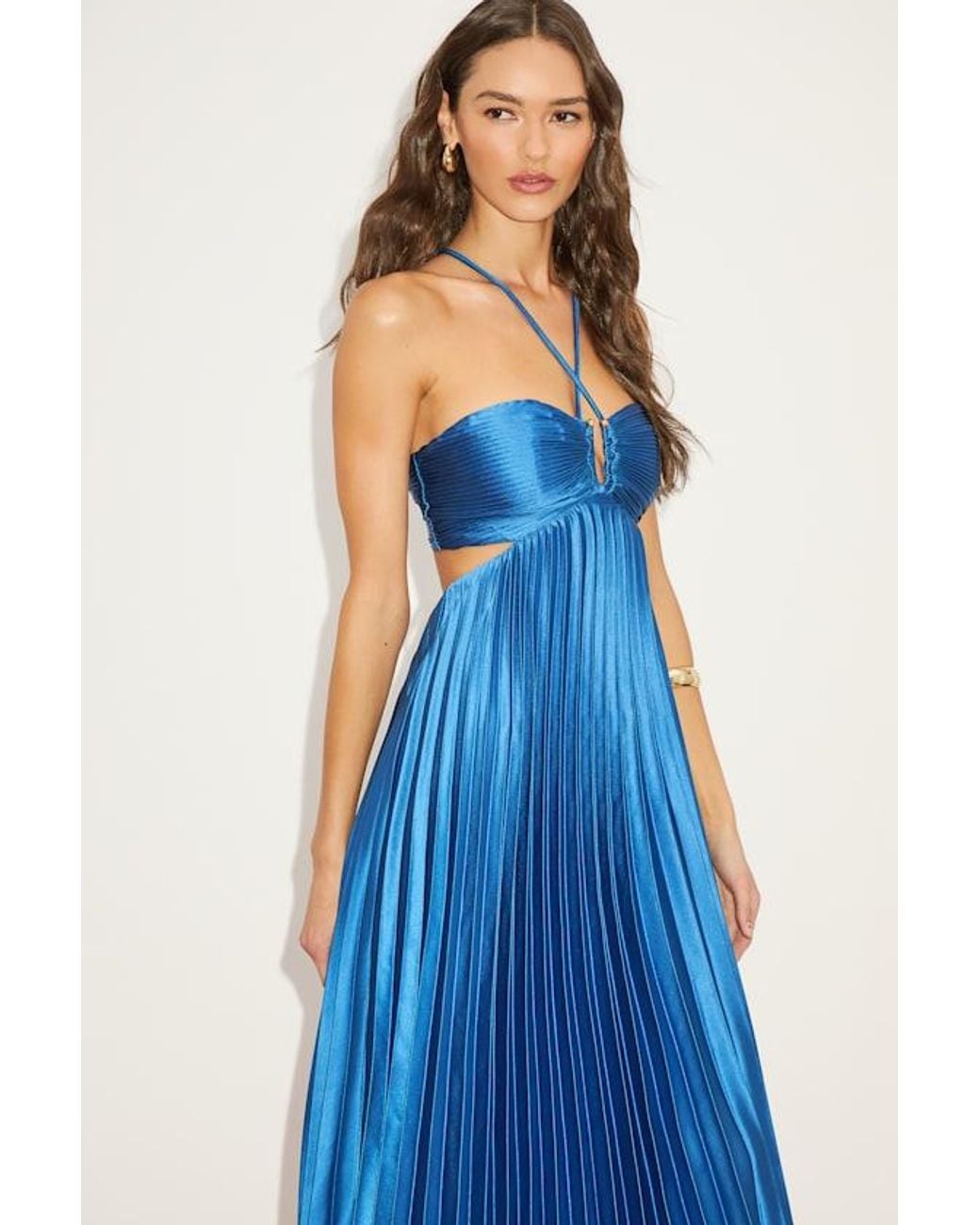 Lulus Blue Aerin Satin Pleated Cutout Midi Dress