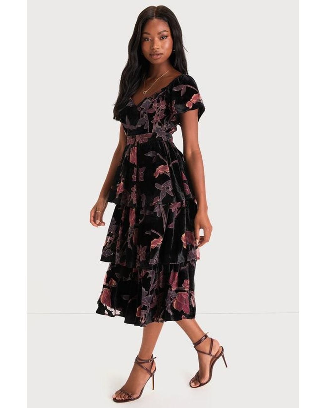 Lulus Black Oh-So Lovely Floral Burnout Velvet Tiered Midi Dress