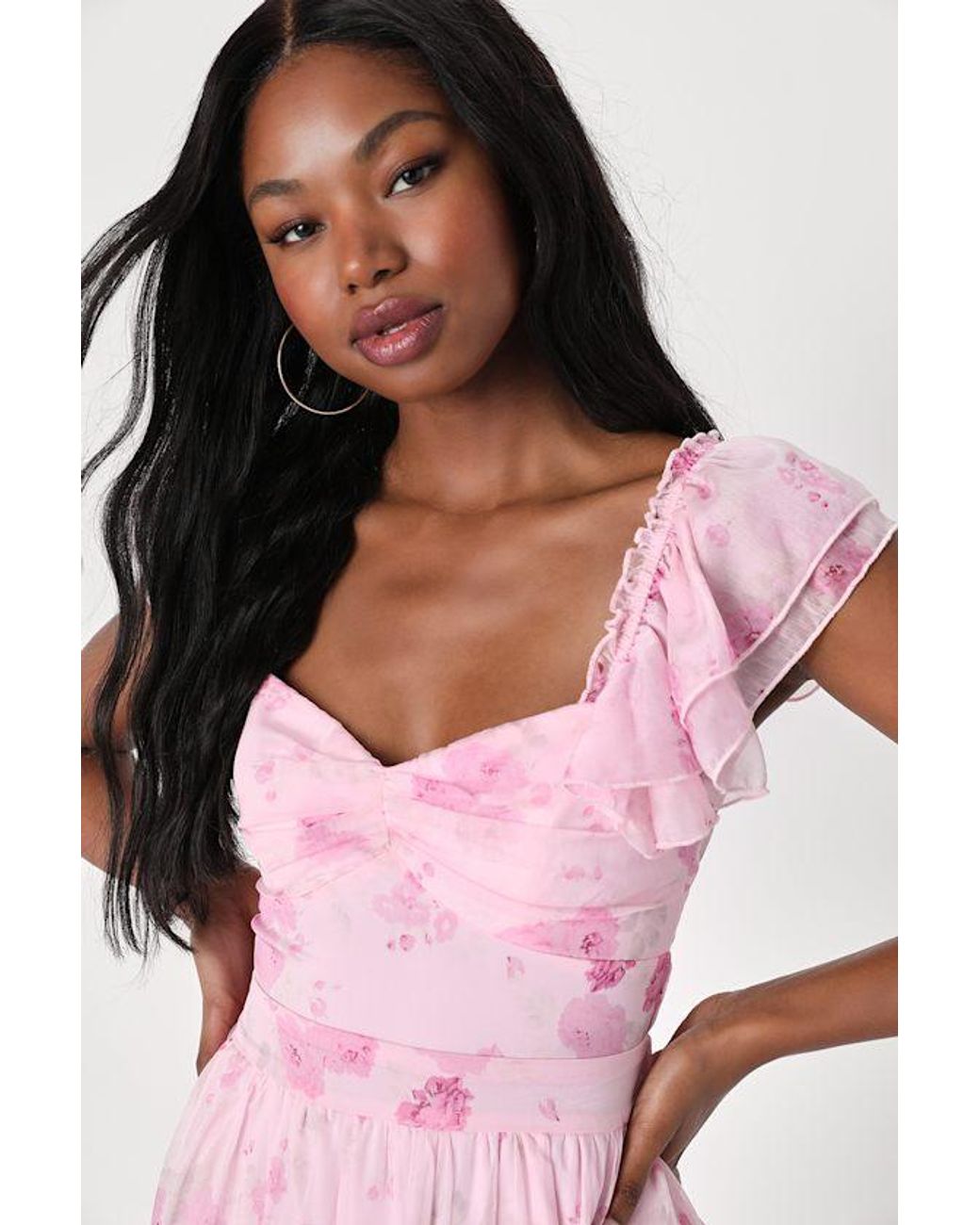 Lulus Pink Loveliest Darling Floral Ruffled Tie-Back Midi Dress