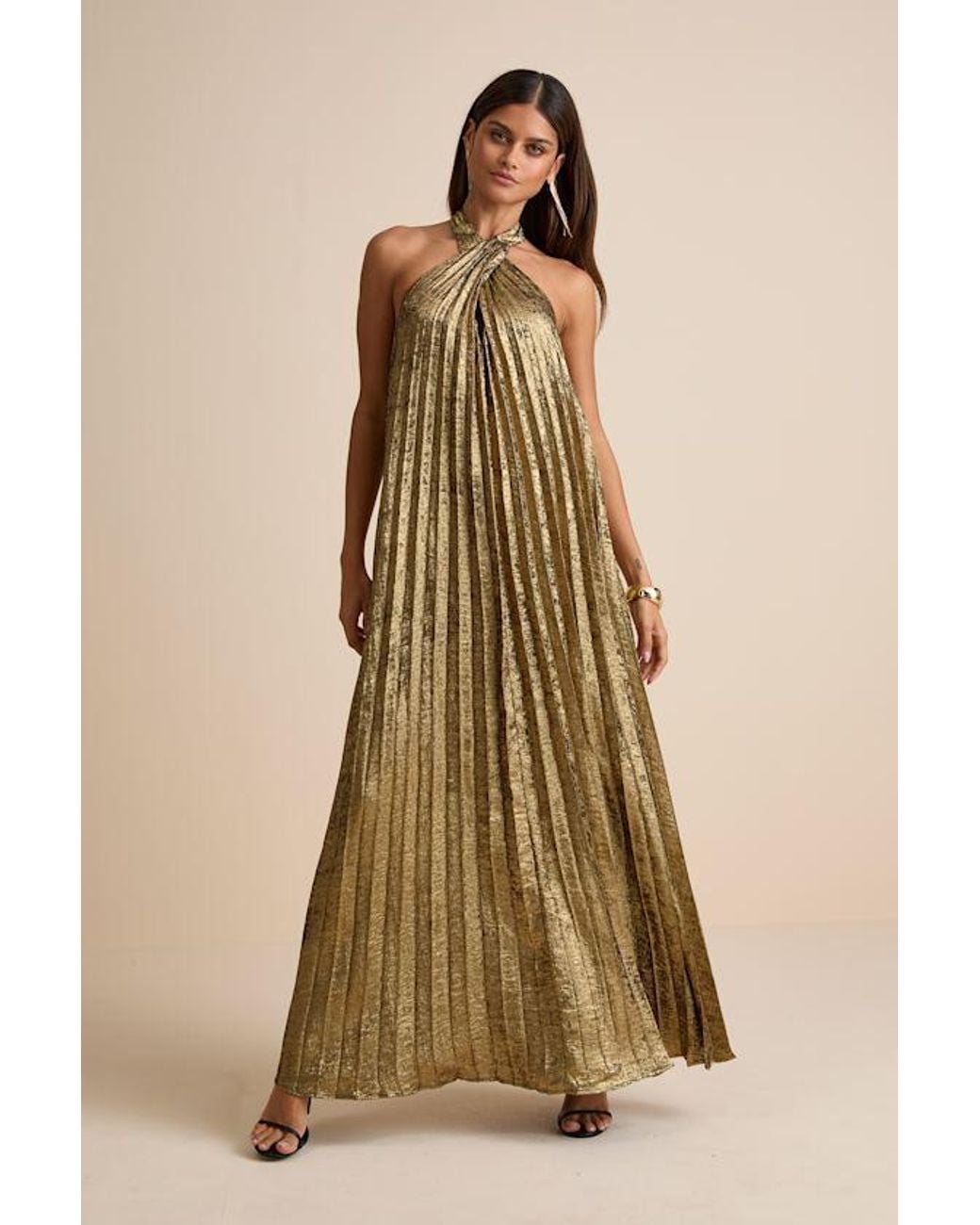 Lulus Natural Gelsey Lurex Pleated Halter Shift Maxi Dress