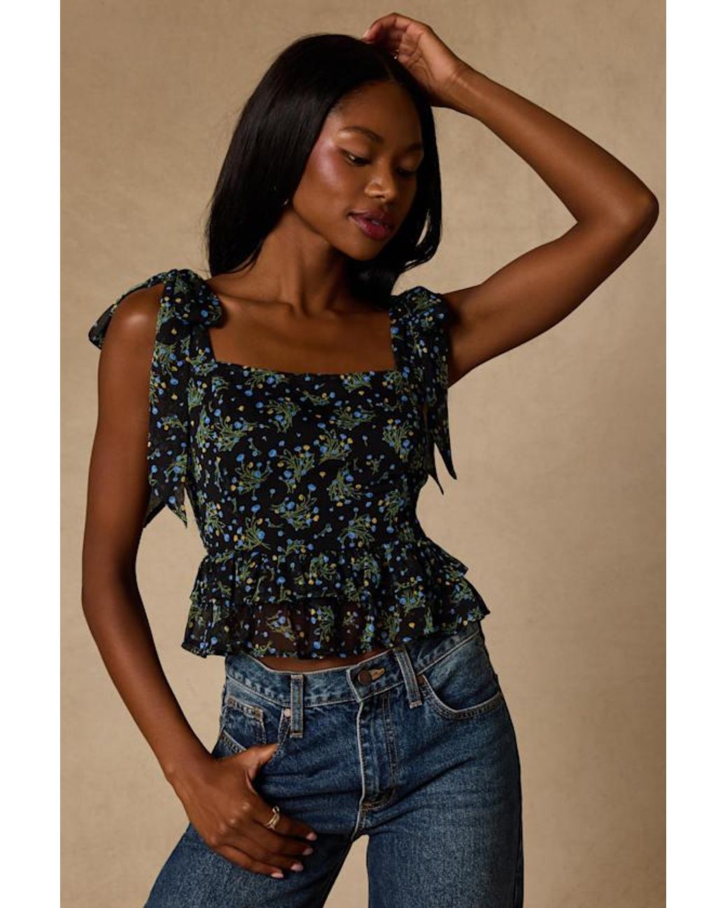 Lulus Blue Shailene Multi Floral Tie-Strap Top