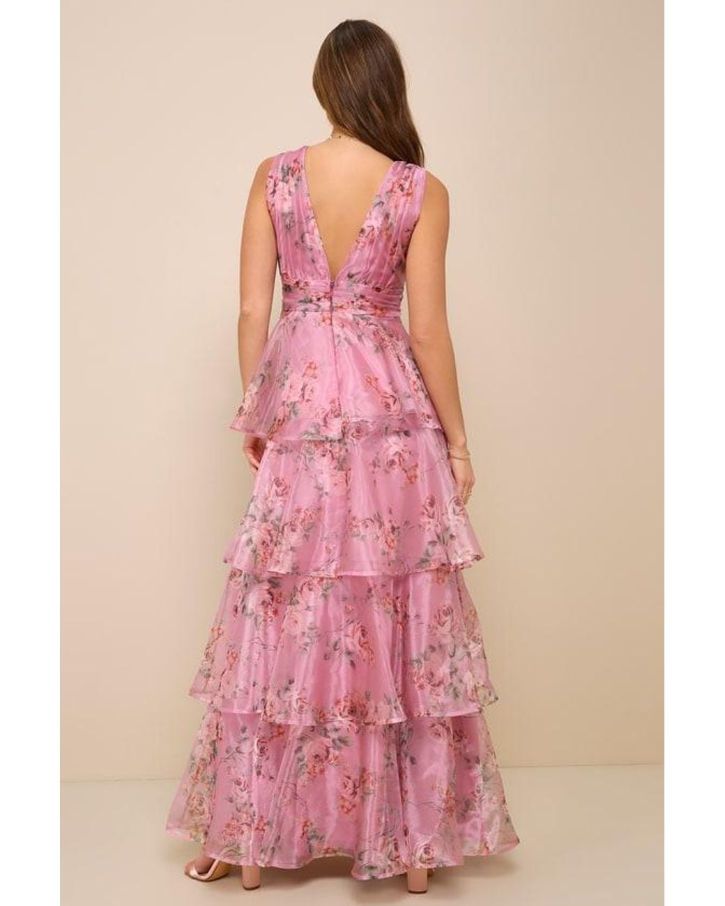 Lulus Pink Garden Radiance Floral Print Organza Tiered Maxi Dress