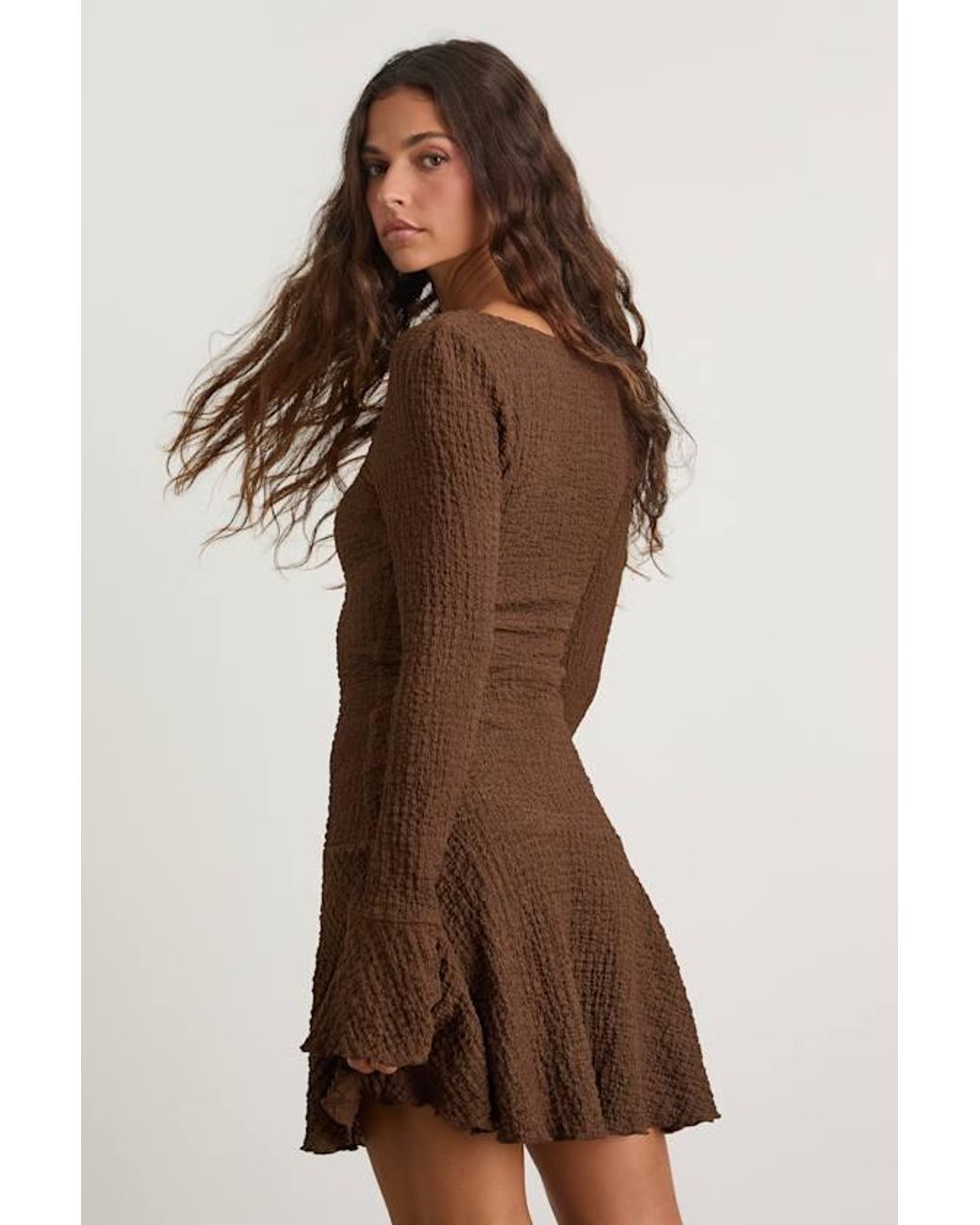 Lulus Brown Radleigh Textured Long Sleeve Drop Waist Mini Dress