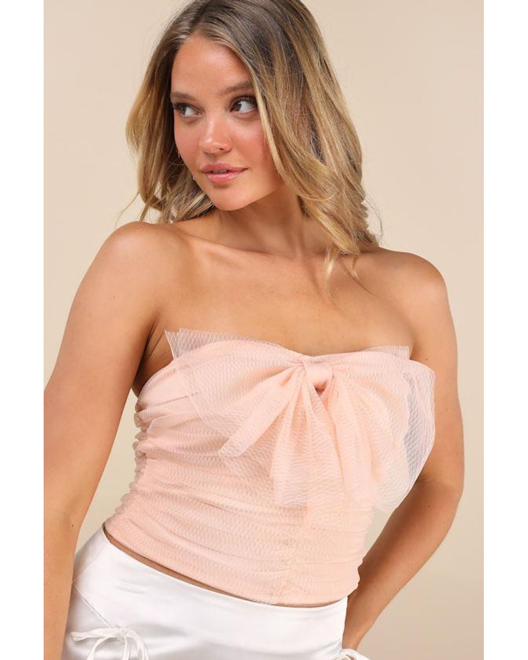 Lulus Natural Julietta Tulle Bow Crop Top