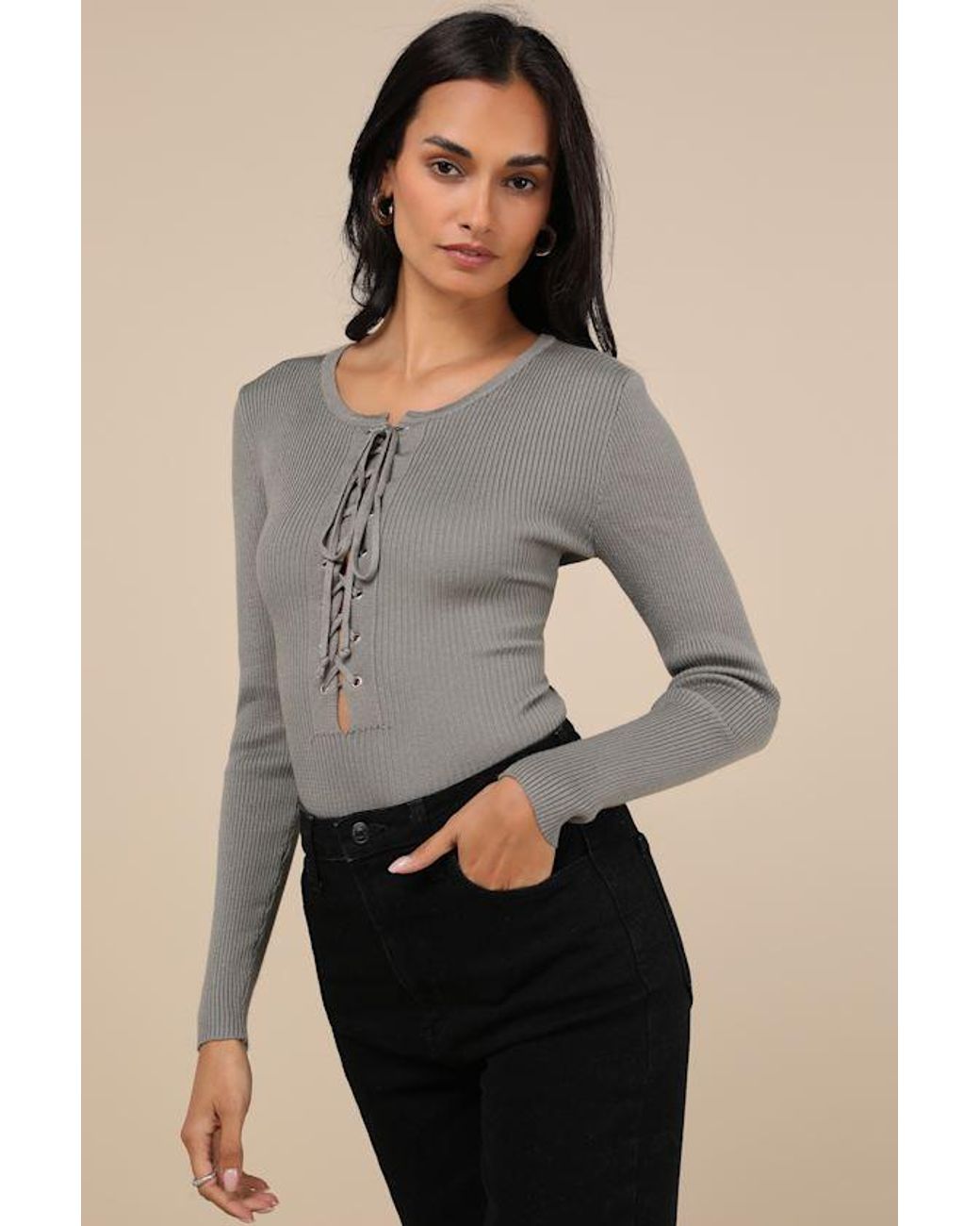 Lulus Gray Intriguing Favorite Lace-Up Sweater Top