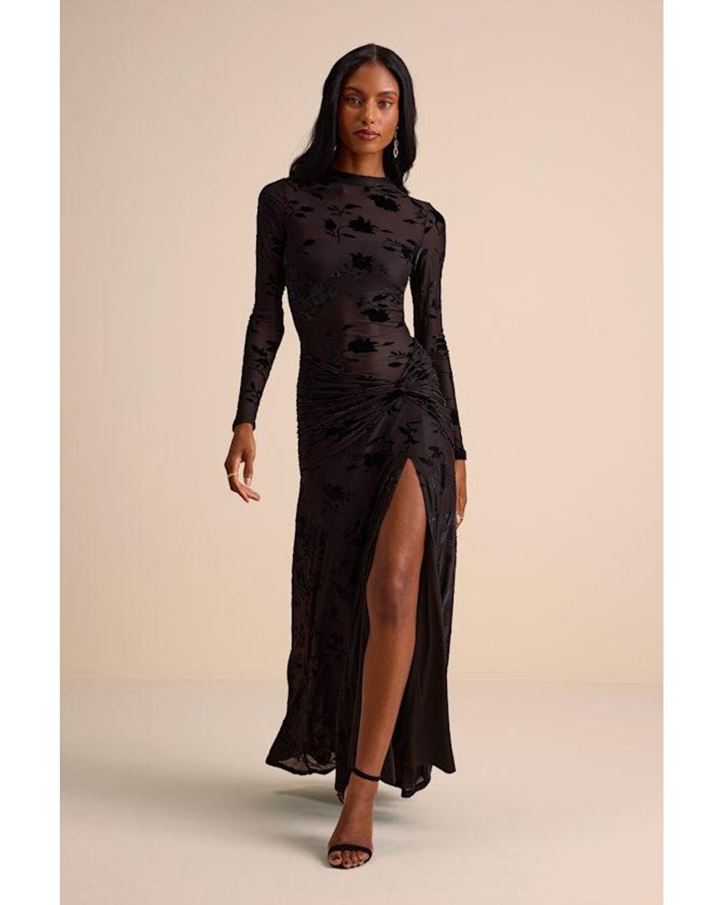 Lulus Black Charlize Sheer Mesh Velvet Burnout Maxi Dress