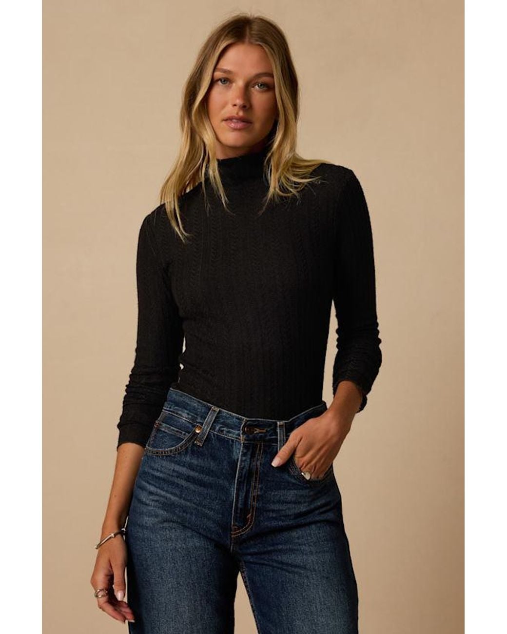Lulus Black Idyllic Option Pointelle Knit Mock Neck Sweater Top