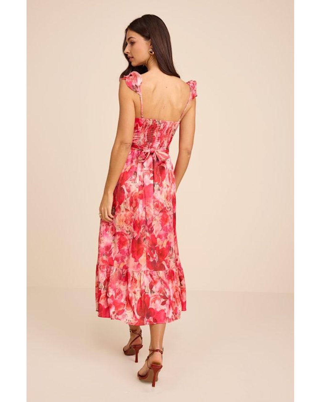 Lulus Red Sweet Like Sangria Floral Ruffled Bustier Midi Dress