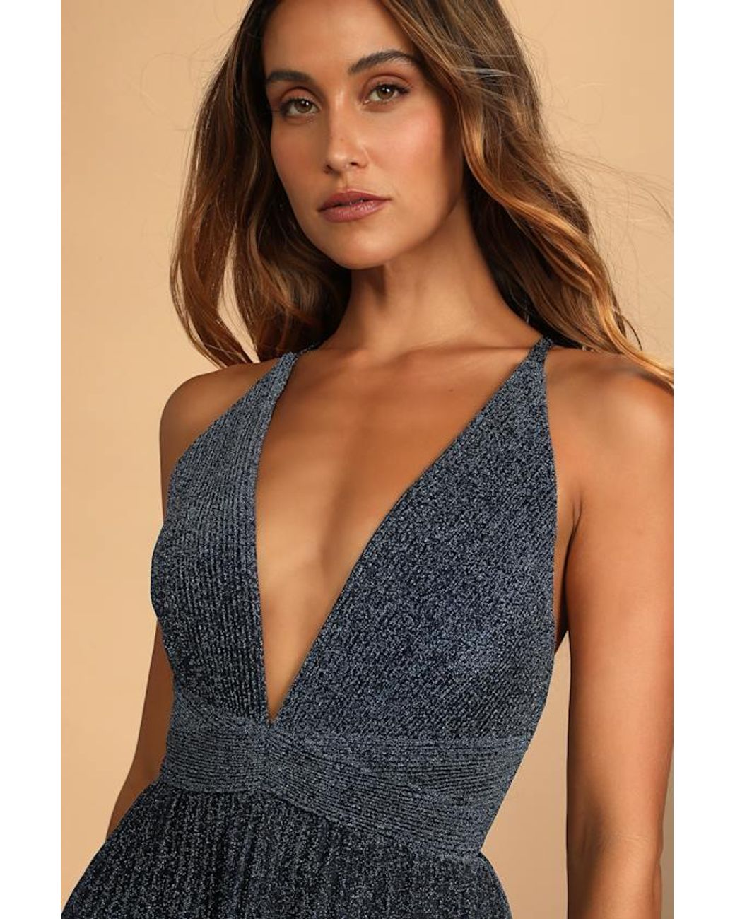 Lulus Blue Especially Stunning Sparkly Pleated Maxi Dress
