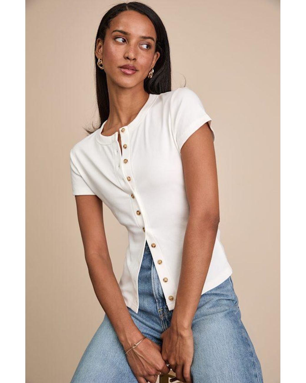 Lulus Blue Annalena Ribbed Button-Front Short Sleeve Top