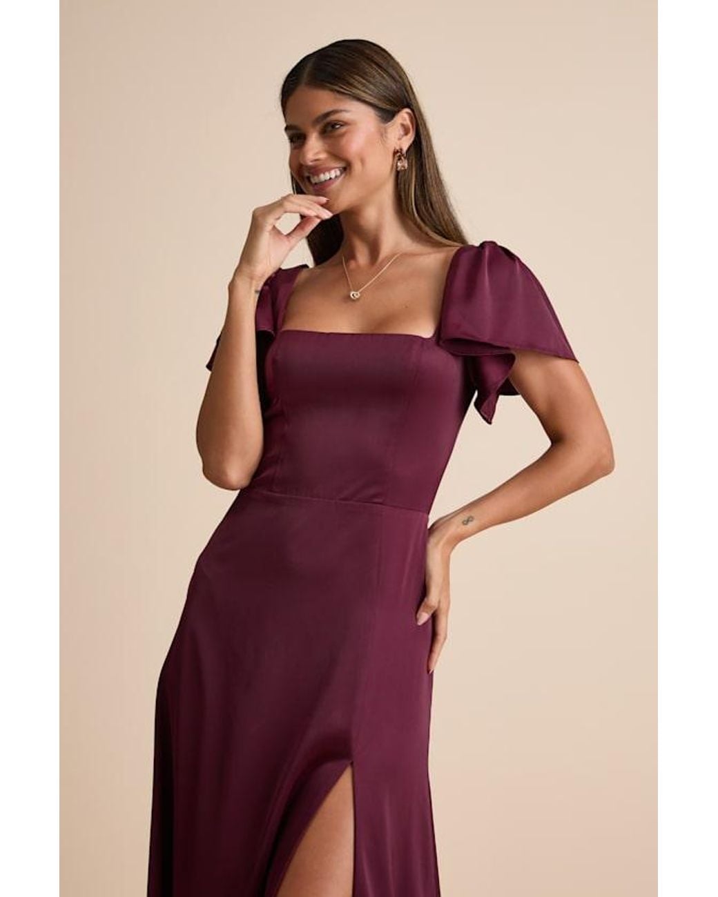 Lulus Purple Ultimate Sweetness Plum Satin Flutter Sleeve Maxi Dress