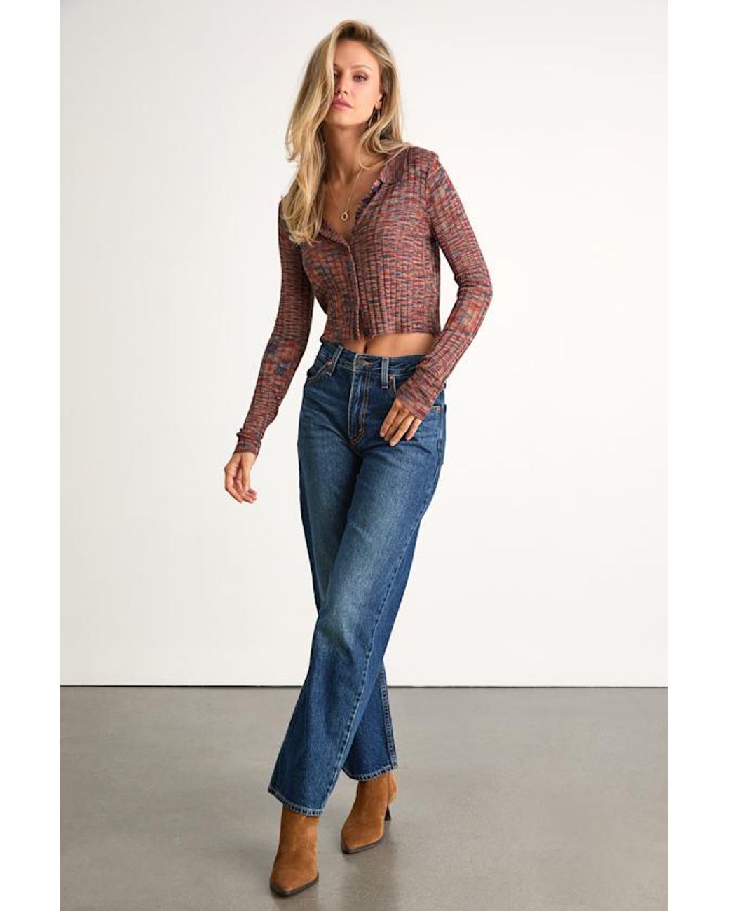 Lulus Avra Rust Multi Space Dye Collared Cardigan Sweater Top