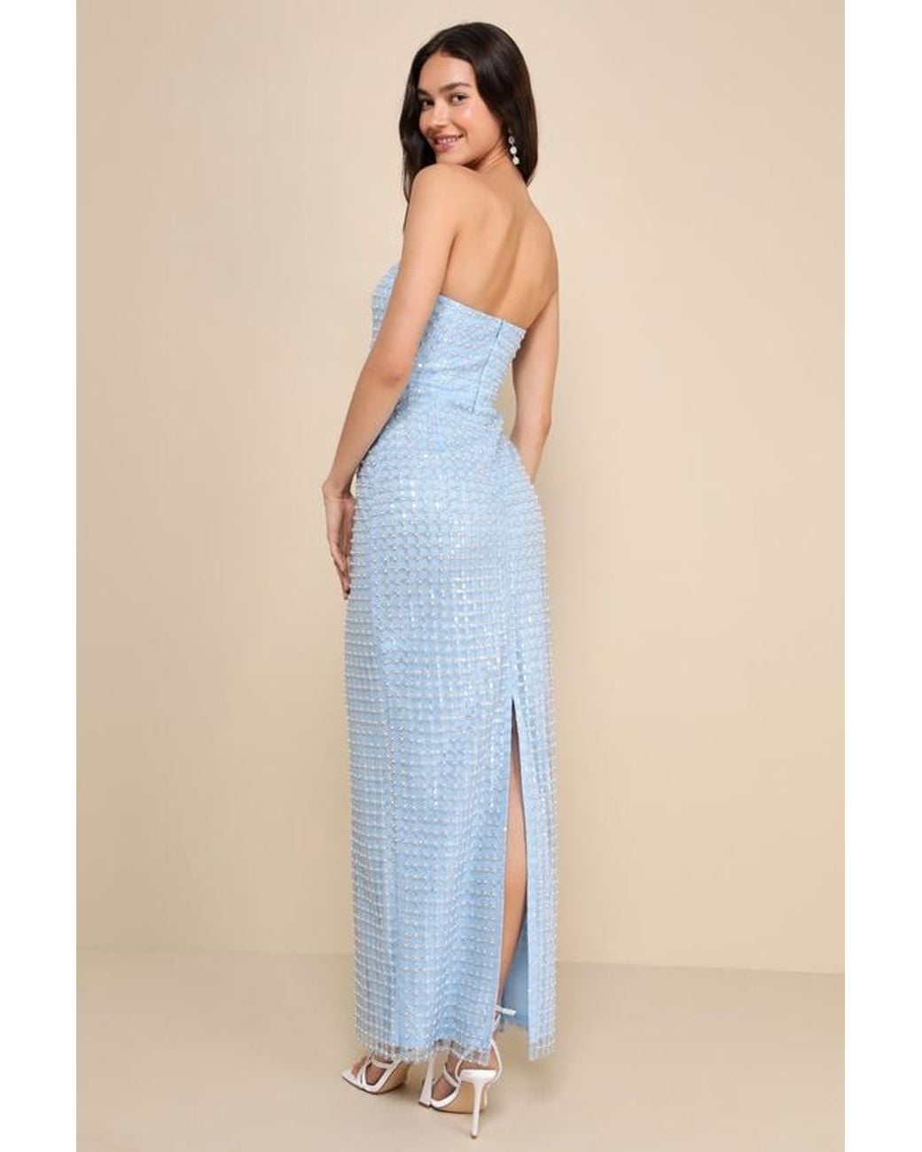 Lulus Blue Perfectly Luxurious Pearl Strapless Maxi Dress
