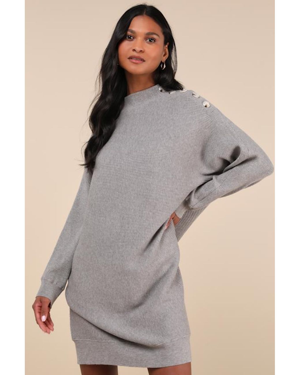 Lulus Cozy Stroll Mock Neck Button Mini Sweater Dress in Grey Lyst UK