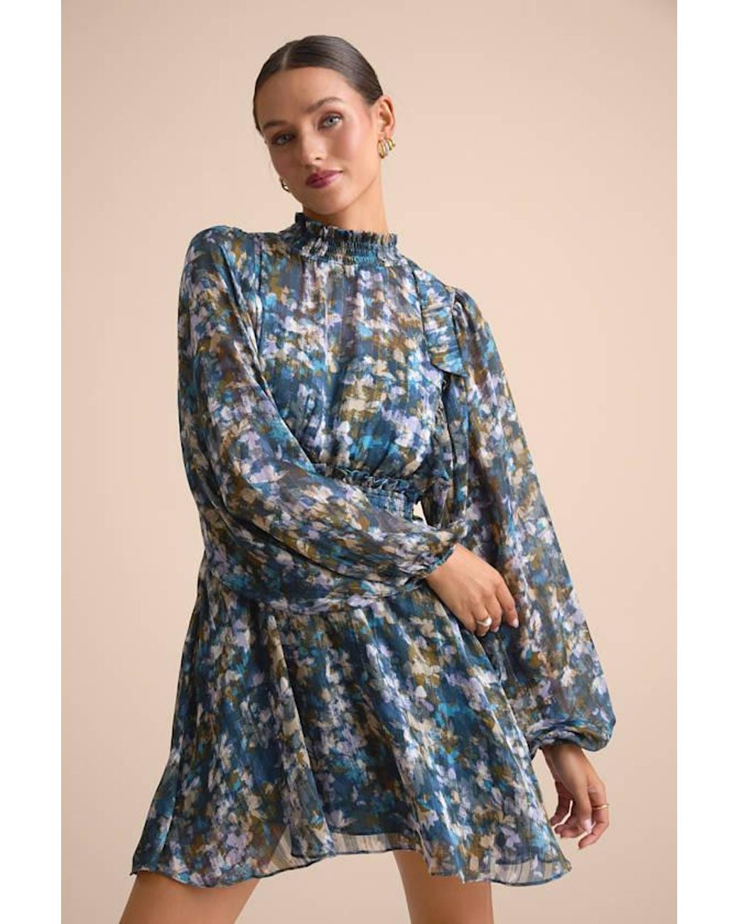 Lulus Blue Andie Multi Abstract Floral Mock Neck Mini Dress