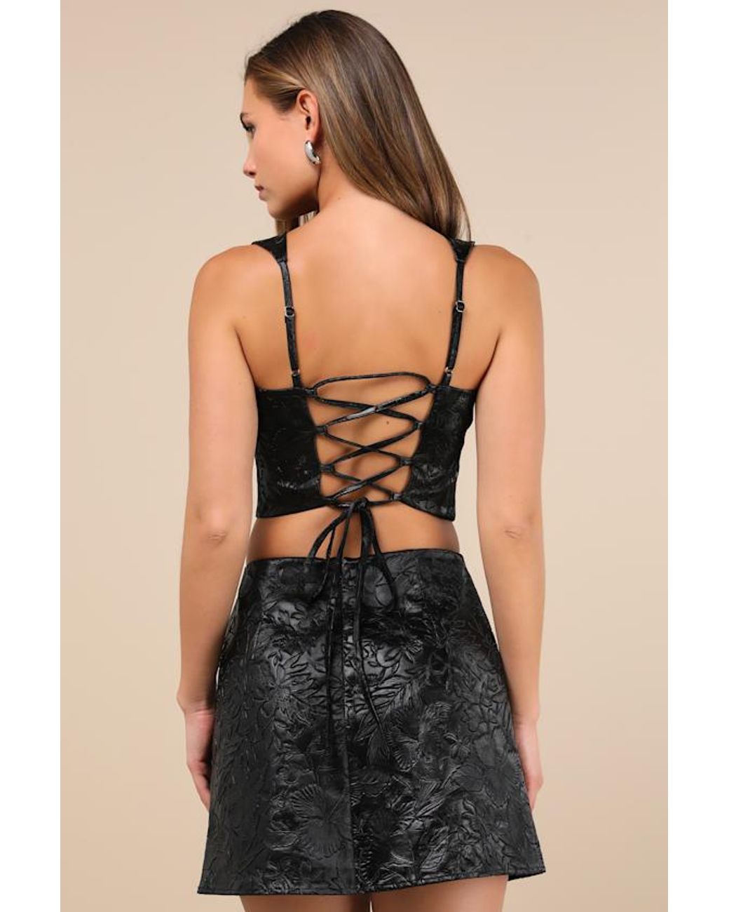 Lulus Black Elaborate Chicness Embossed Lace-Up Top