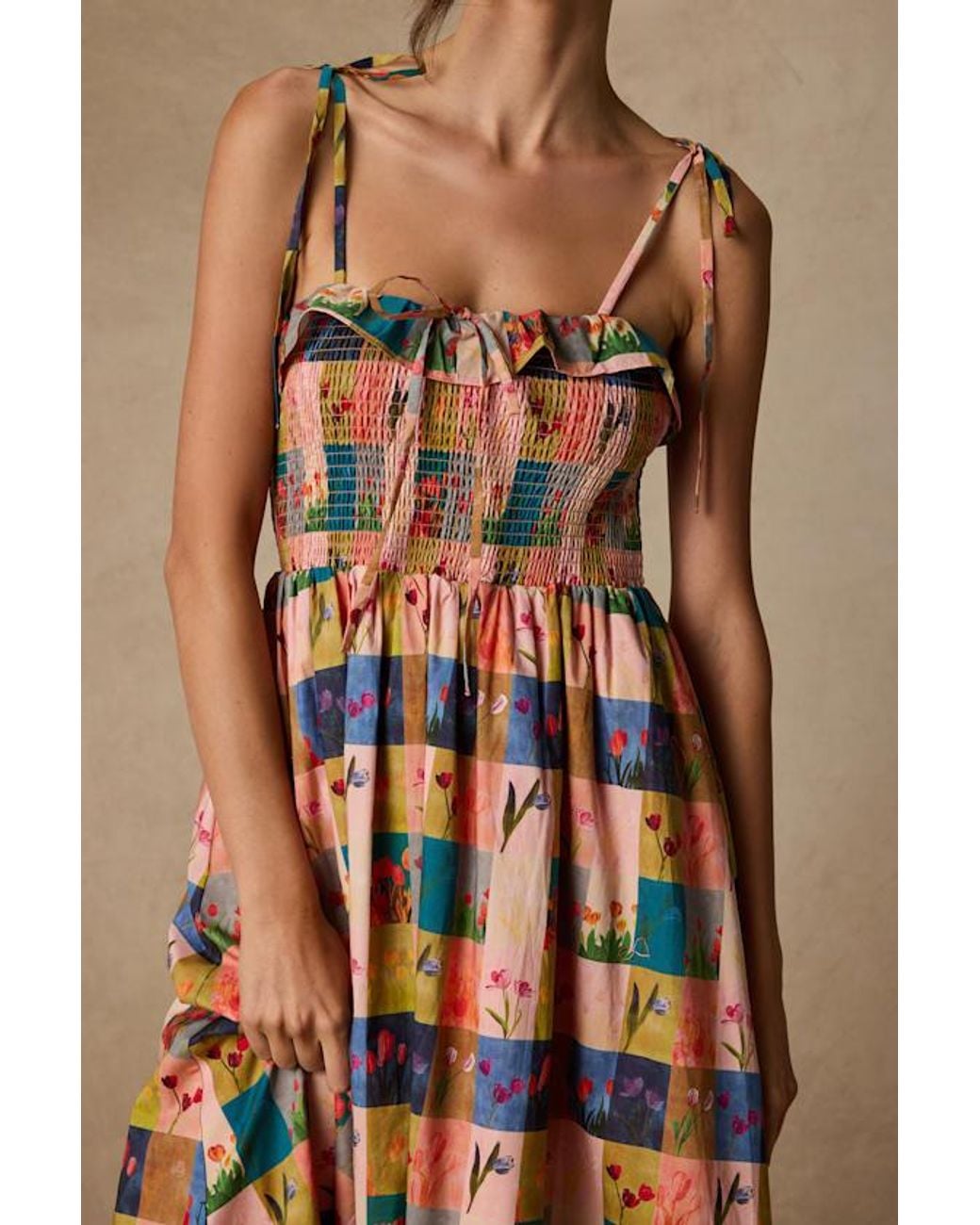 Lulus White Alessandra Blush Multi Gingham Floral Tie-Strap Midi Dress