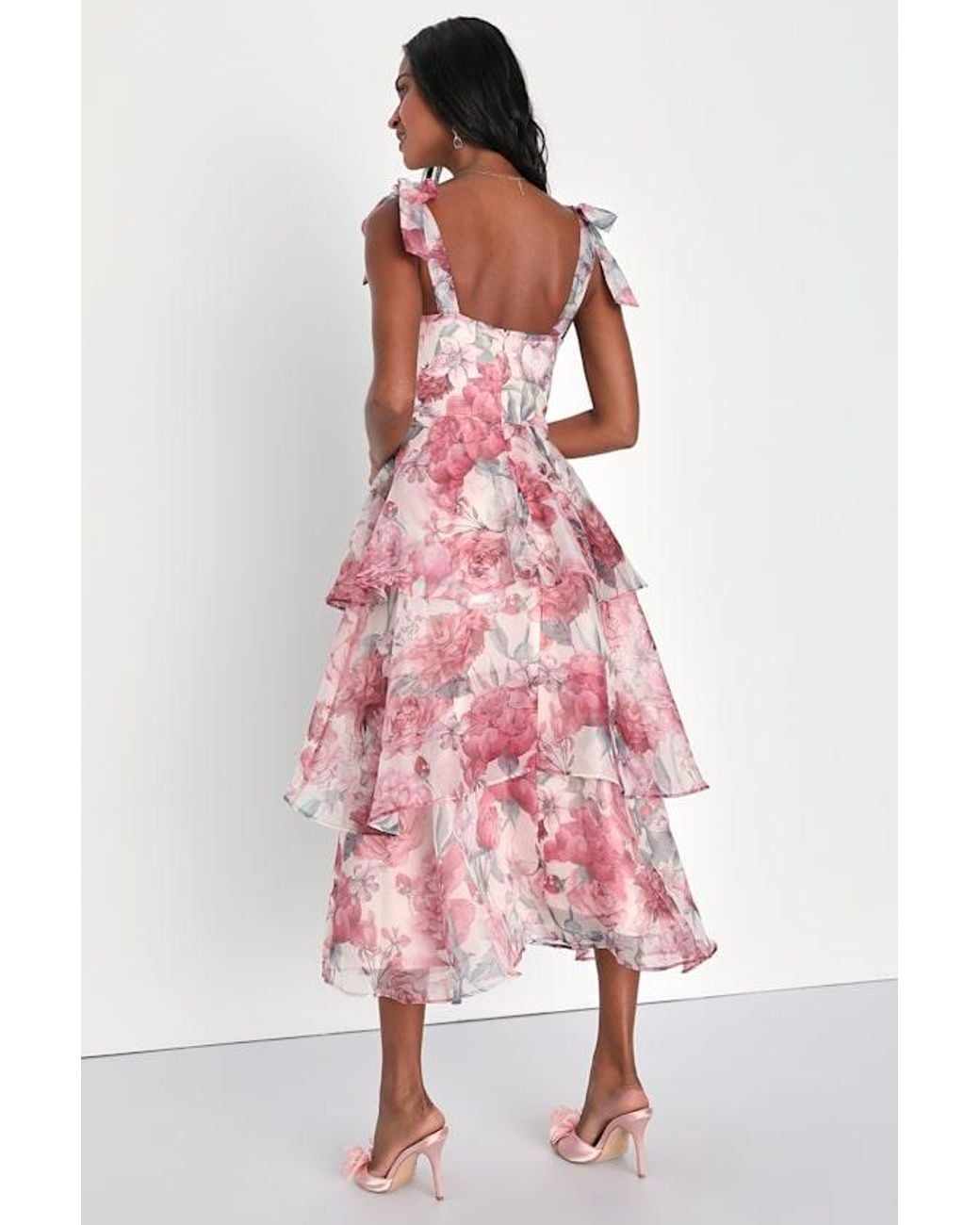 playfully posh blush floral organza tie-strap tiered midi dress Floral Midi Dress - Tiered Midi Dress - Tie-Strap Midi Dress