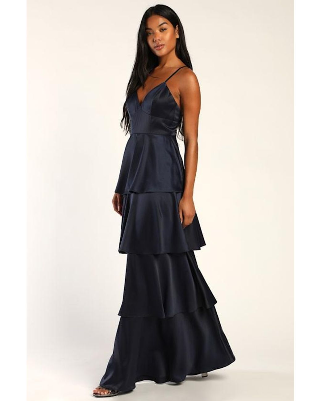 Lulus Blue Going With Elegance Satin Tiered Gown