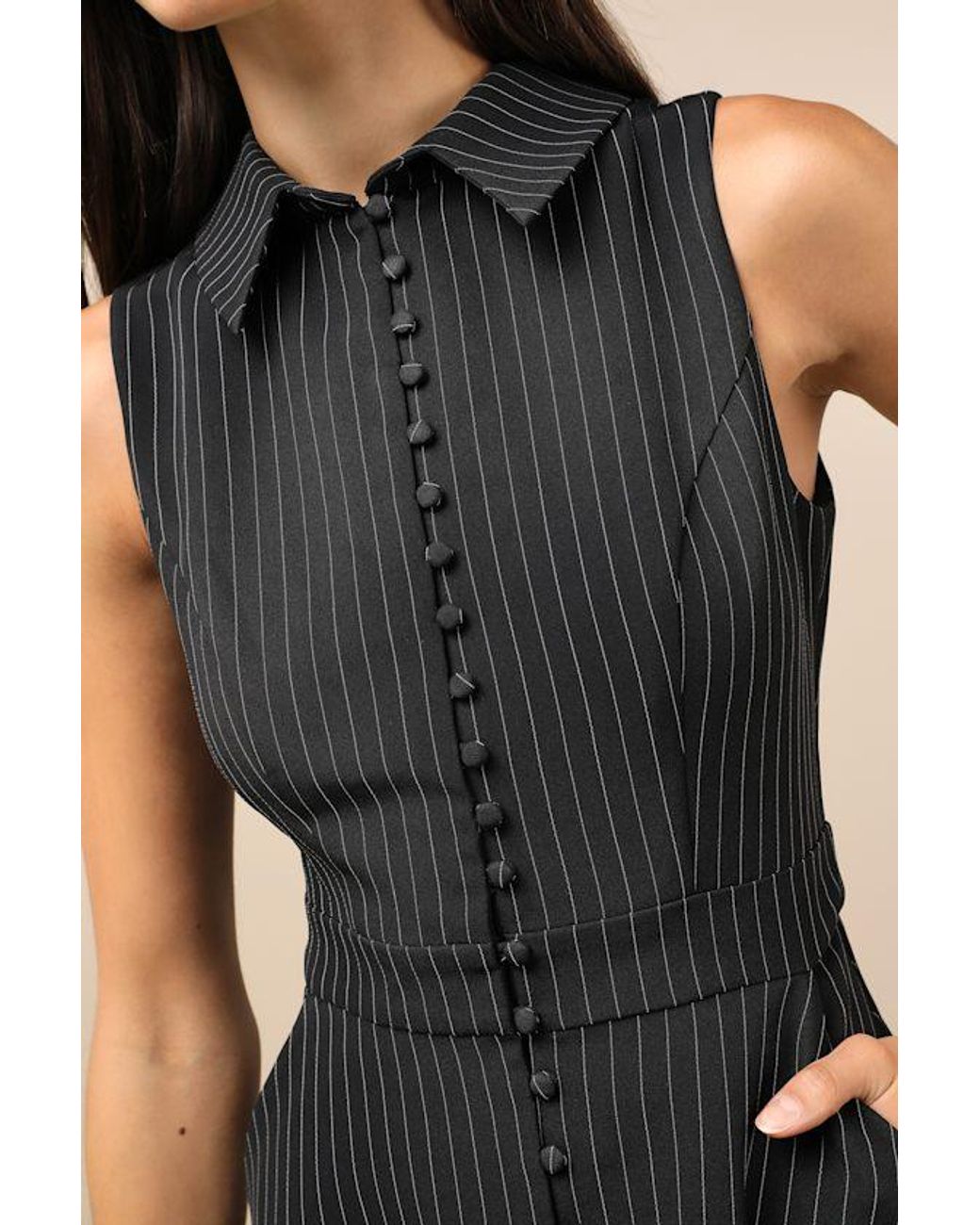 Lulus Black Totally Poised Pinstriped Collared Mini Dress With Pockets