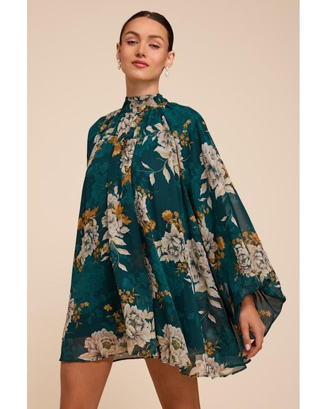 Lulus Green Lata Emerald Floral Mock Neck Belted Mini Dress