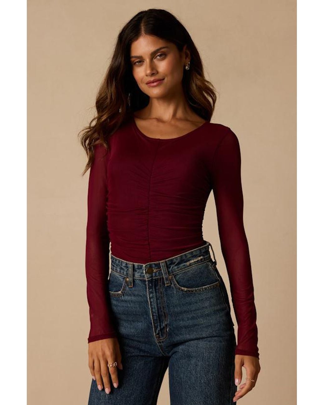 Lulus Red Everyday Luck Ruched Long Sleeve Bodysuit