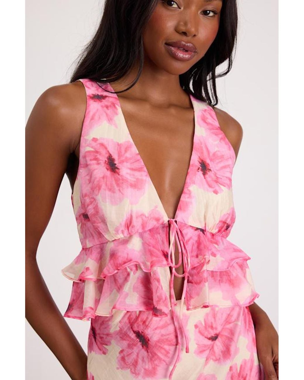 Lulus Pink Lilith Cream And Floral Ruffled Tank Top