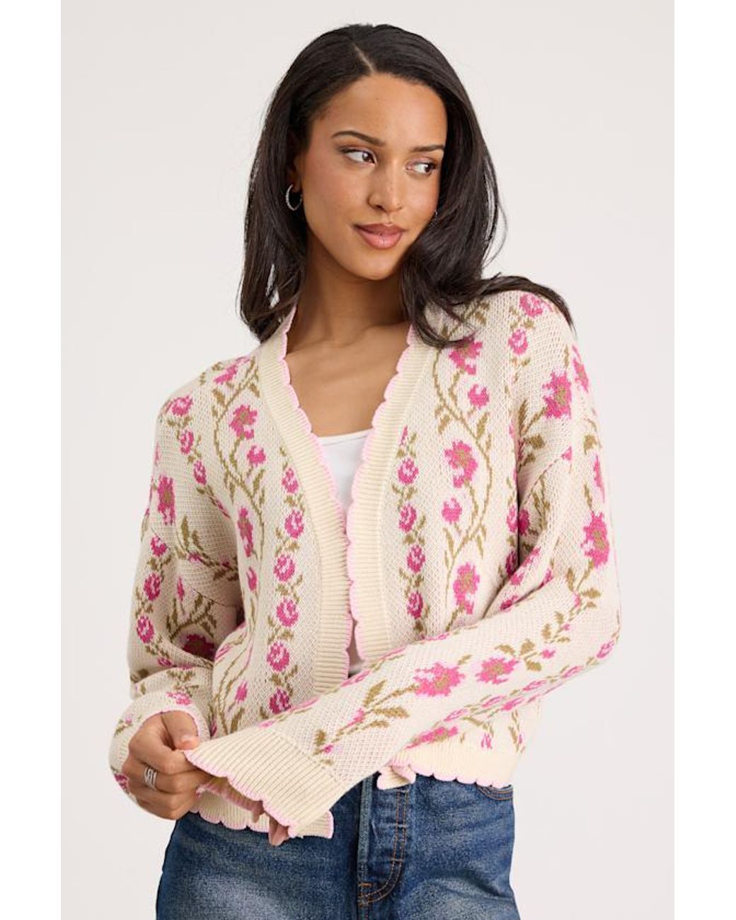 Lulus Natural Holland Multi Floral Open-Front Cardigan