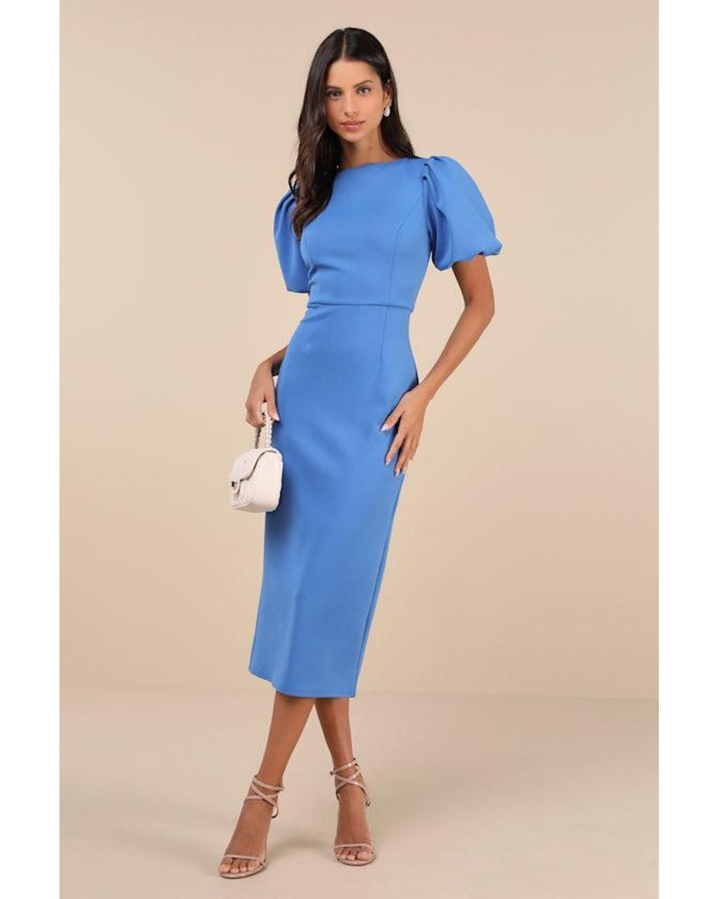 Lulus Simply Beloved Puff Sleeve Bodycon Midi Dress in Blue | Lyst Lulus Simply Beloved Puff Sleeve Bodycon Midi Dress in Blue | Lyst
