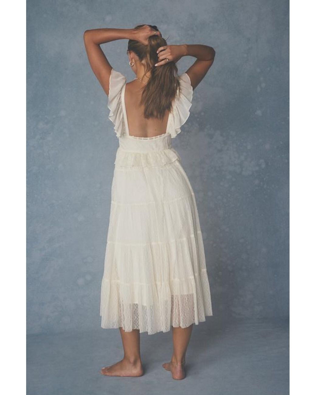 Lulus Blue Meli Cream Mixed Media Tiered Midi Dress