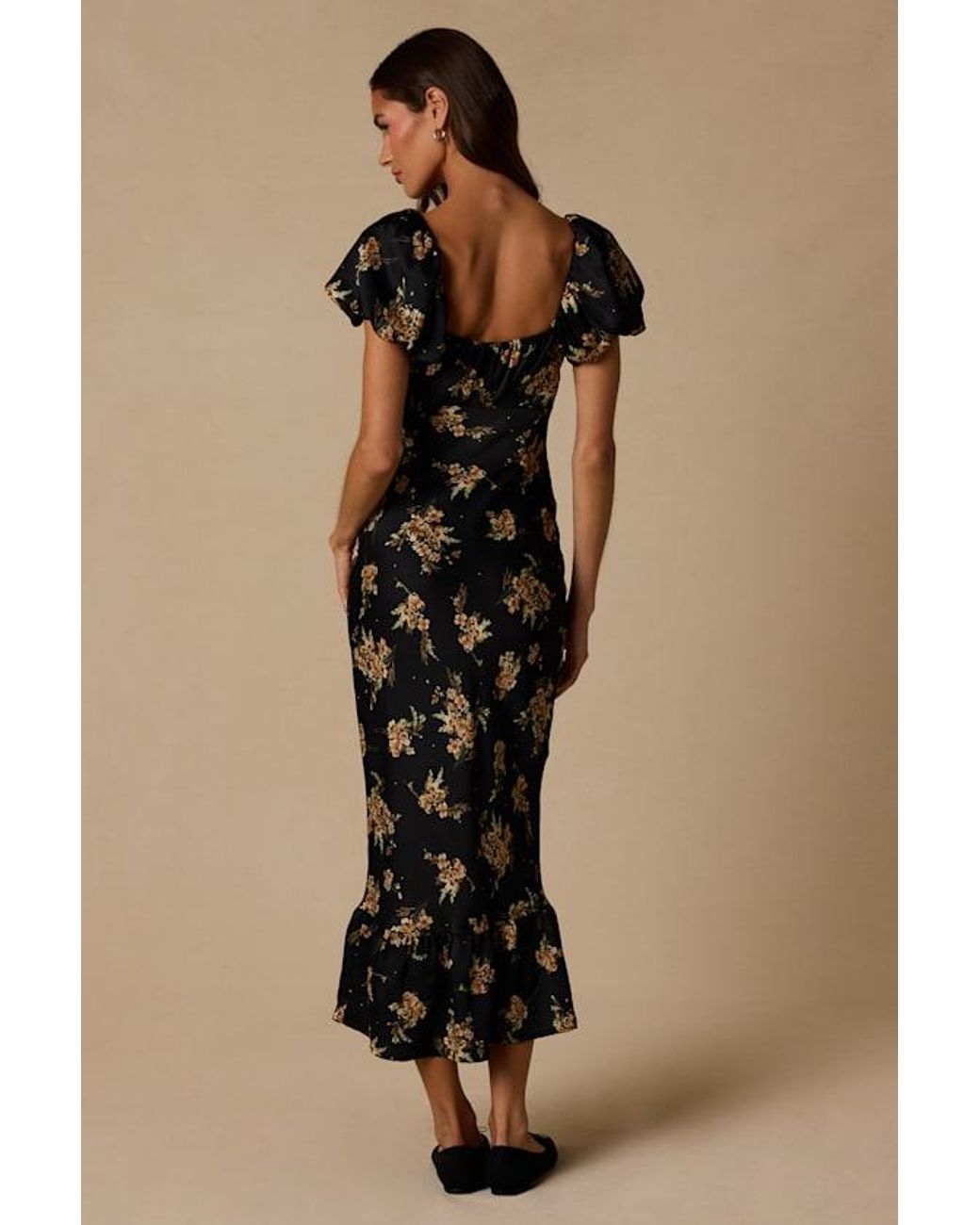 Lulus Black Remarkably Flourishing Floral Puff Sleeve Midi Dress
