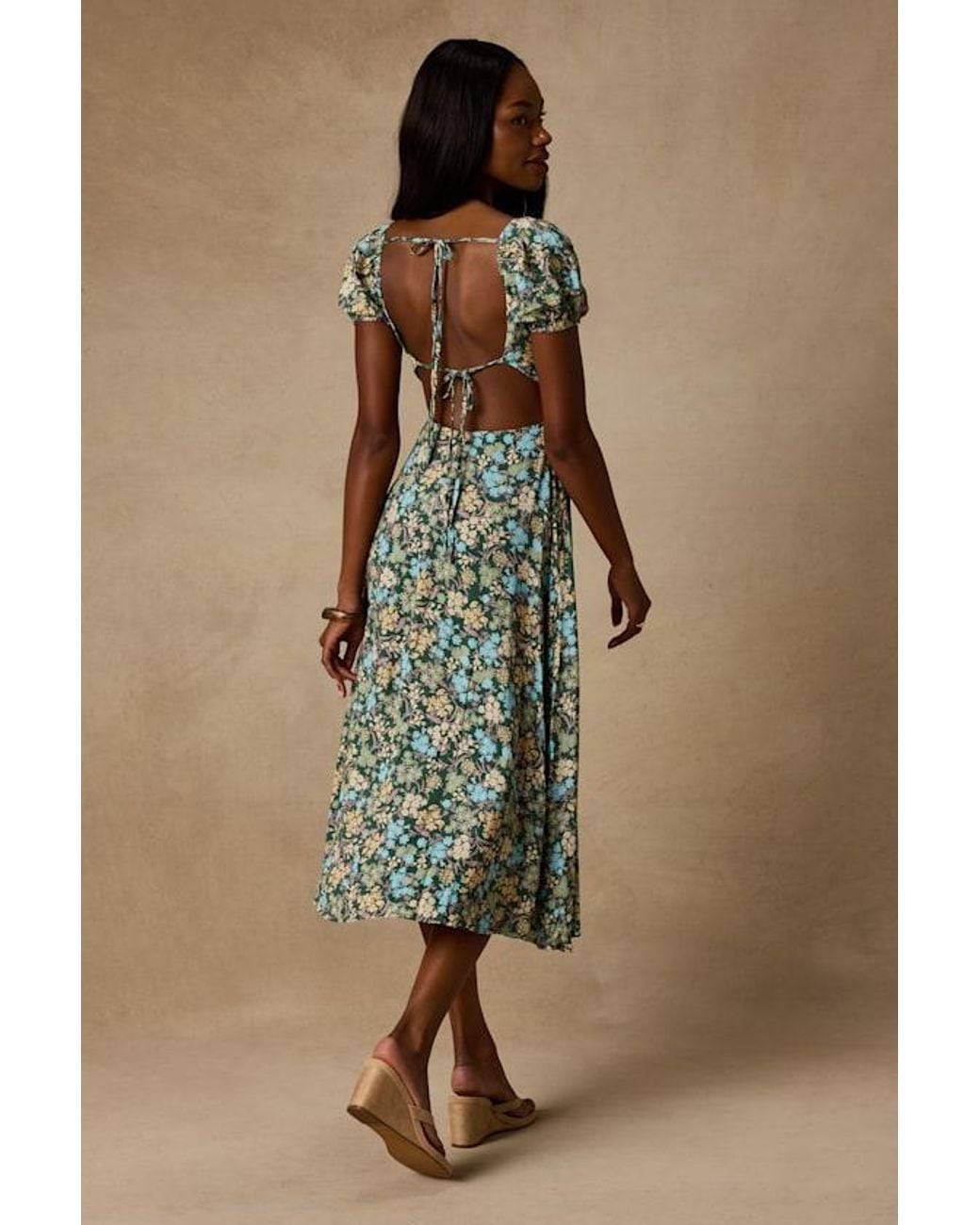 Lulus Green Meadow Muse Floral Tie-Back Puff Sleeve Midi Dress