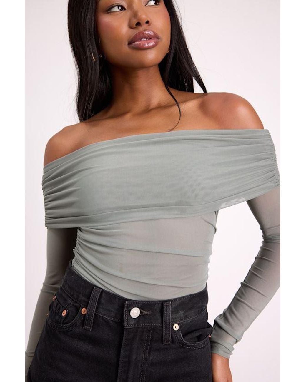 Lulus Green Good Times Sage Mesh Off-The-Shoulder Long Sleeve Top
