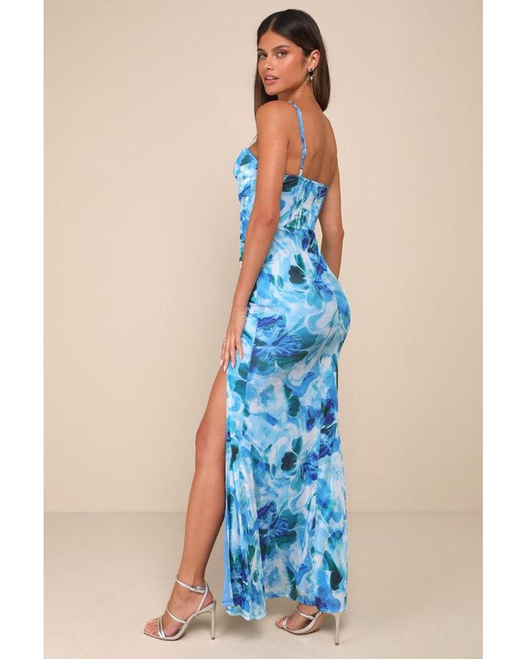Lulus Blue Stunning Wonder Floral Mesh Bustier Mermaid Maxi Dress