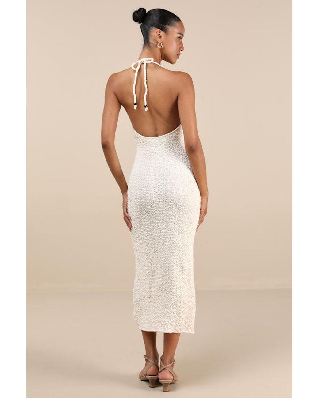 Lulus Natural Meike Cream Textured Knit Beaded Halter Midi Dress