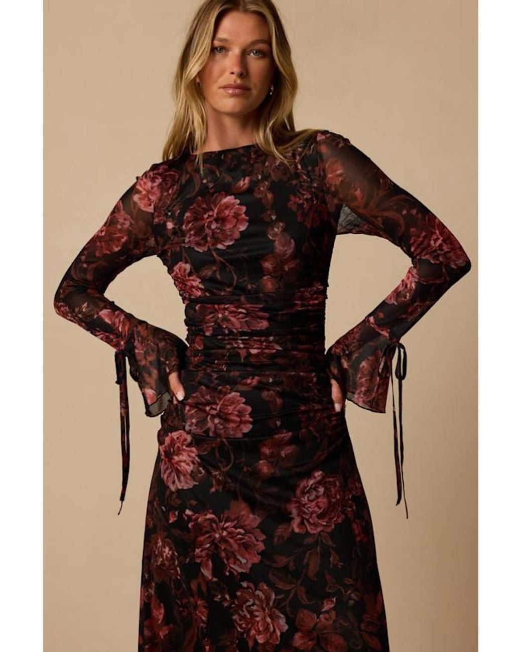 Lulus Natural Gabriela Floral Long Sleeve Midi Dress