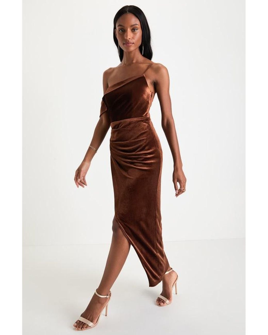 Lulus Red Showing Off A Little Velvet Asymmetrical Tulip Midi Dress