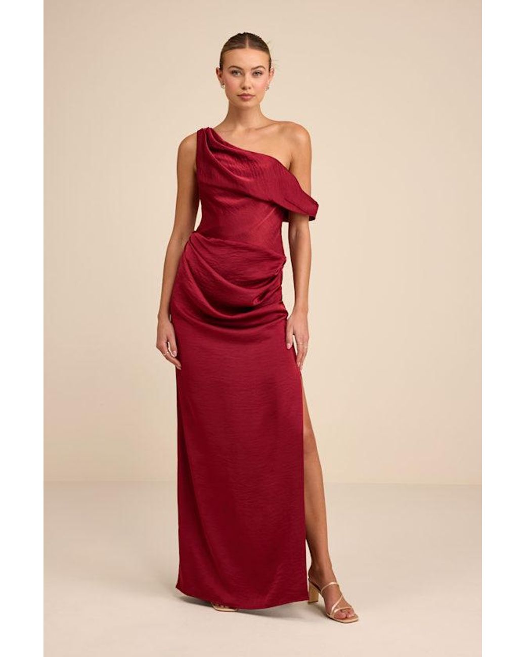Lulus Red Aviana Satin Asymmetrical Maxi Dress