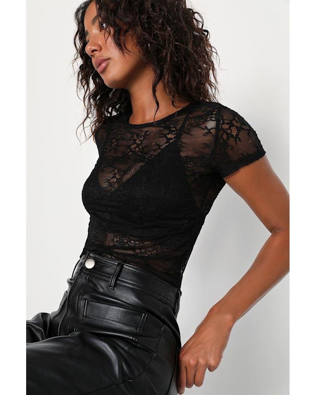 Lulus Black Clearly Sultry Lace Sheer Short Sleeve Top