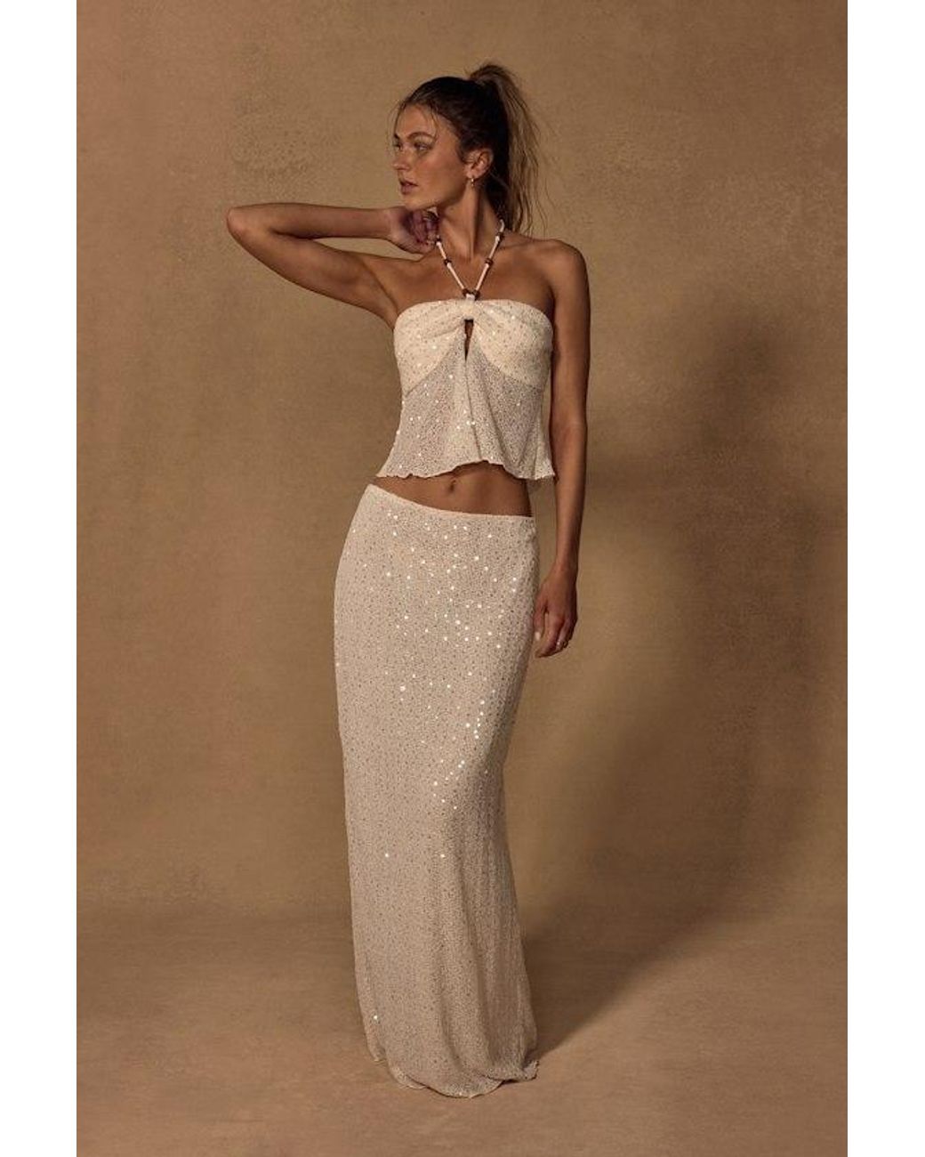 Lulus Brown Malita Cream Crochet Sequin Halter Top