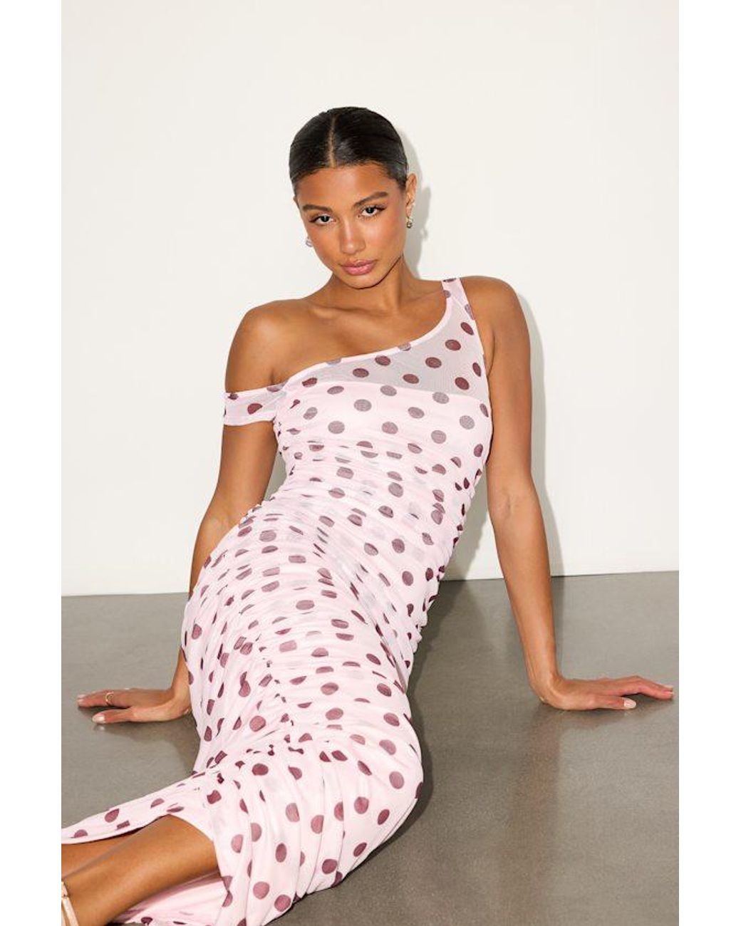 Lulus Pink Decca Blush Polka Dot Mesh Ruched Maxi Dress