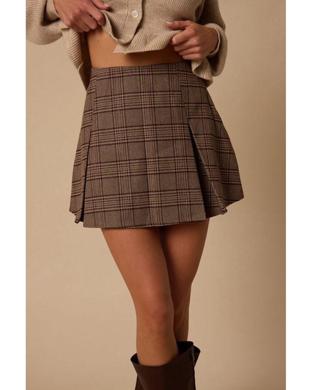 Lulus Brown Bennington Plaid Pleated Mini Skirt