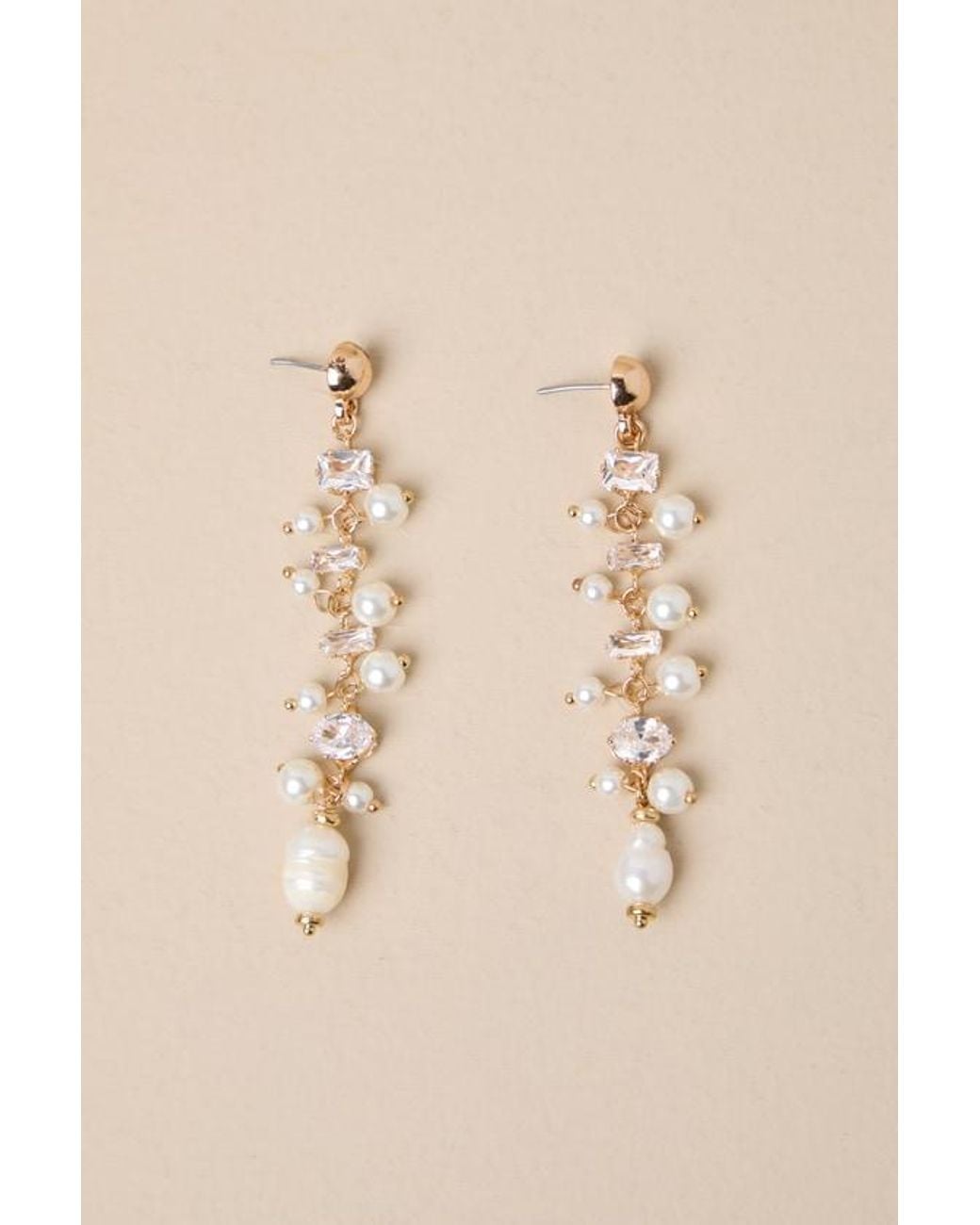 Lulus Natural Decadent Approach Pearl Rhinestone Drop Earrings