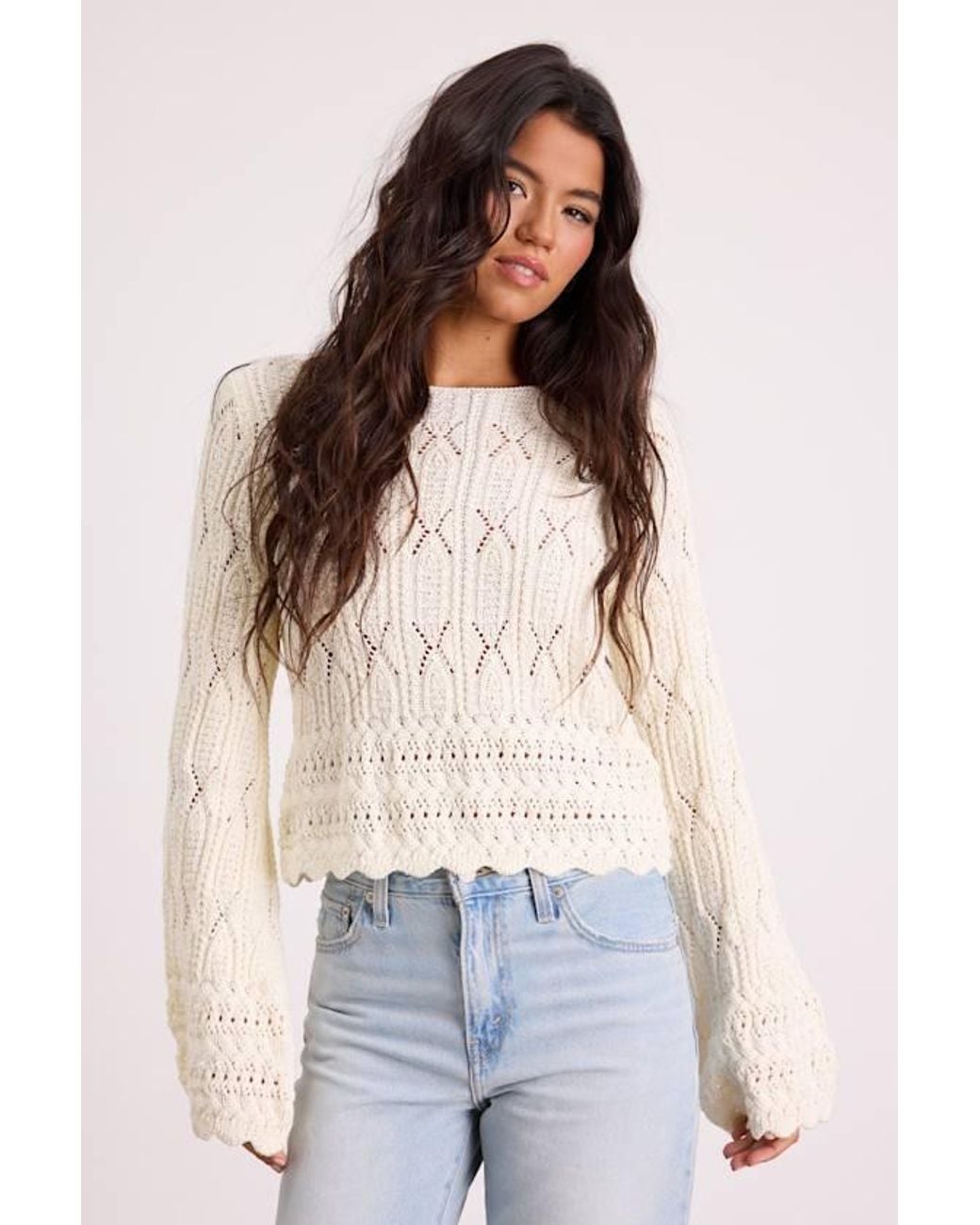 Lulus Blue Wendy Crochet Bell Sleeve Sweater