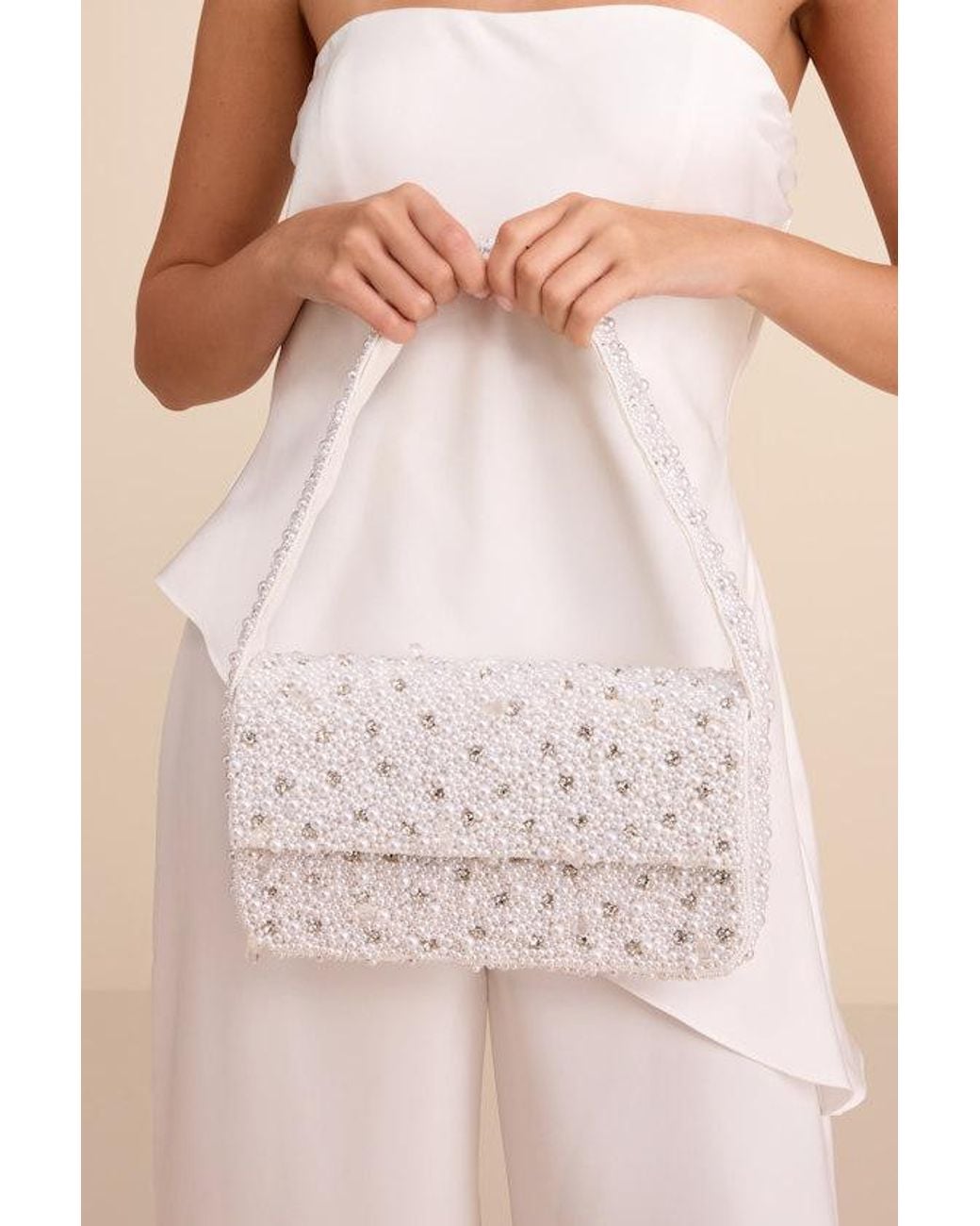 Lulus Natural Vivi Pearl Rhinestone Shoulder Bag