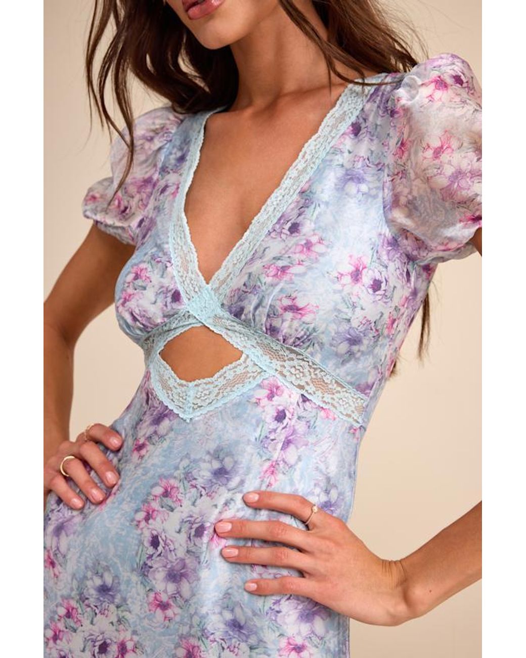 Lulus Blue Darcy Floral Puff Sleeve Midi Dress